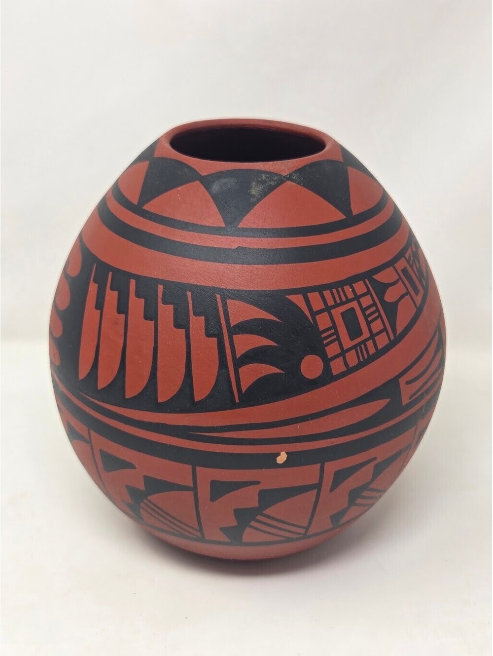 J. Gonzalez Mexico Hand Painted Pottery Vase Black Geometric Decor 8 Inch